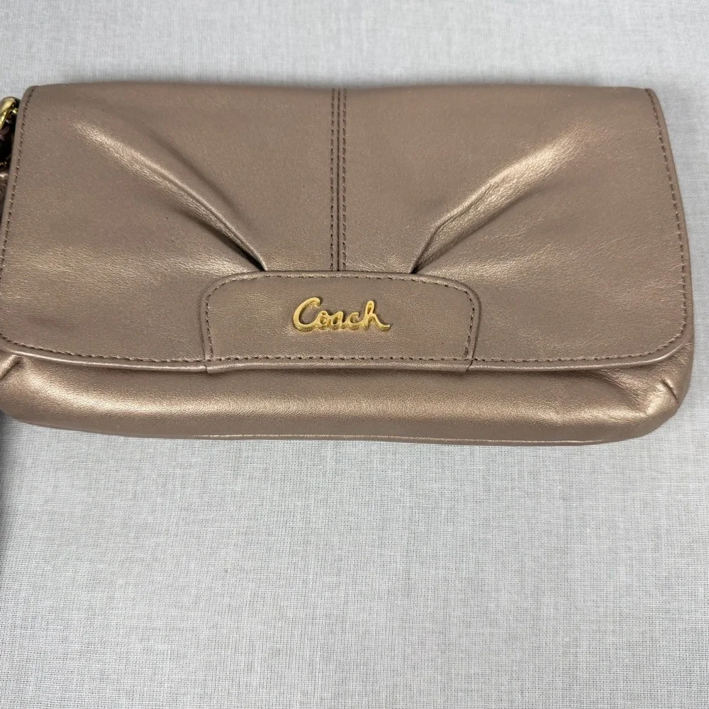 COACH ASHLEY METALLIC BRONZE LEATHER WRISTLET CLUTCH GOLD HARDWARE
